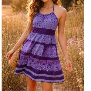 Purple Boho Halter Dress Smocked Back Floral Festival Mini Sundress Size S